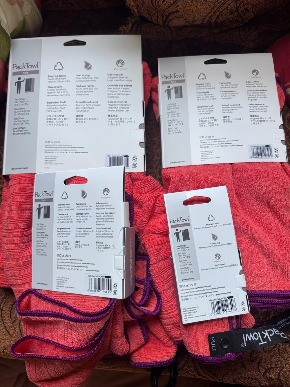 PackTowl Luxe set 4 Lightweight Microfiber Camping Travel towel coral NEW NWT